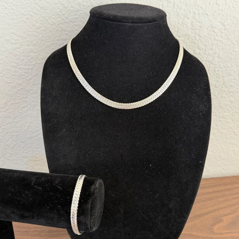Vintage Napier Silver Tone Herringbone Shiny Flat Necklace and Bracelet Set